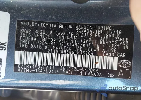 2016 Toyota Corolla L from USA, damaged, VIN 2T1BURHE8GC616904